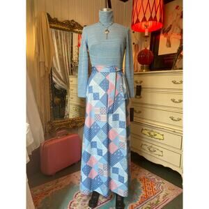 vintage 1970s patchwork turtleneck maxi dress s/m blue and pink mod 70s fashion